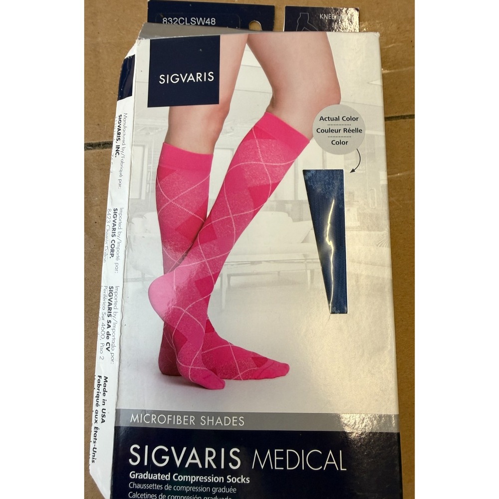 Sigvaris Medical Compression Knee High Socks 20-30 mmHg Royal Blue Argyle LS New